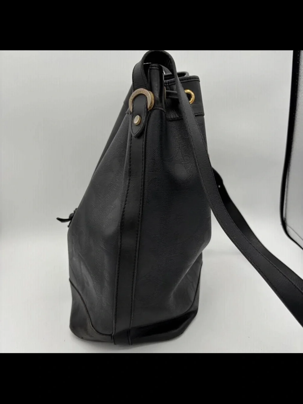 Dior Black Leather Drawstring Shoulder Bucket Bag with Gold Hardware